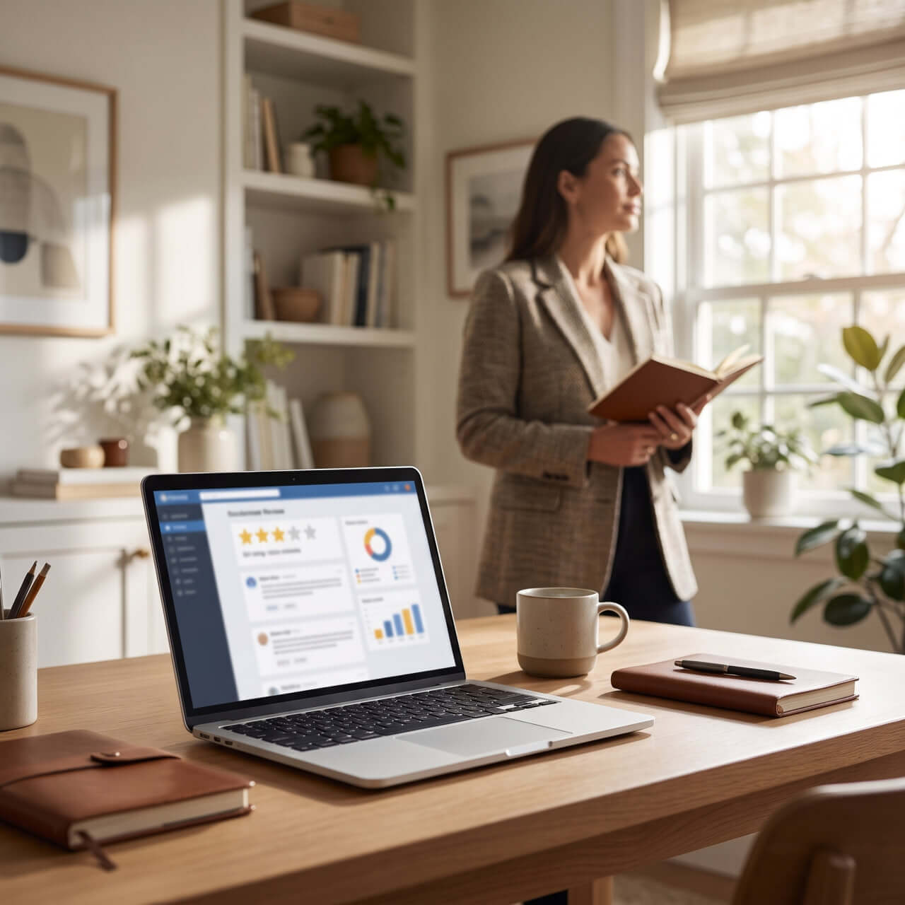 Laptop mit transparenten Kundenbewertungen auf einem aufgeräumten Schreibtisch.